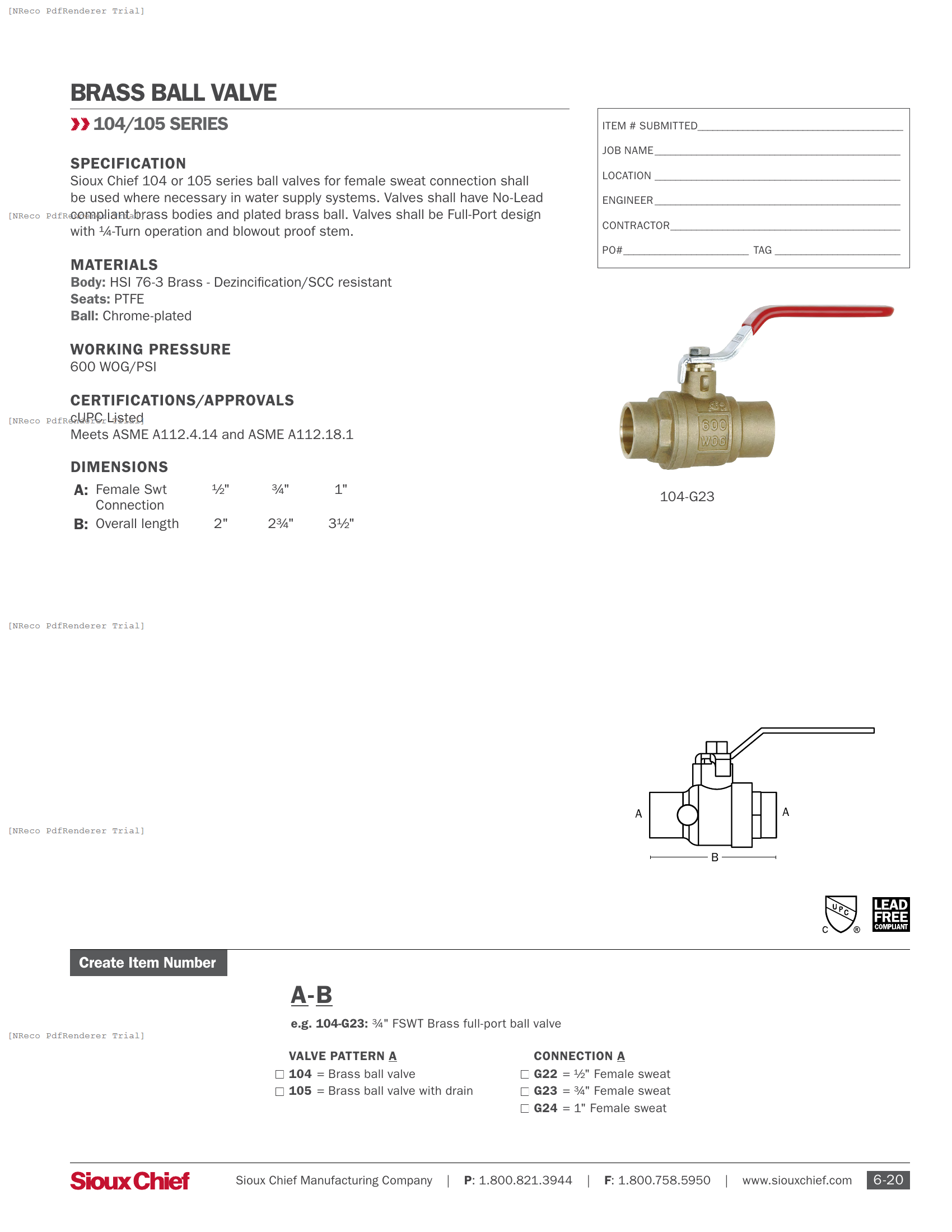 104 & 105 SERIES - FSWT BRASS BALL VALVE - SPEC SHEET.PDF Specification Document